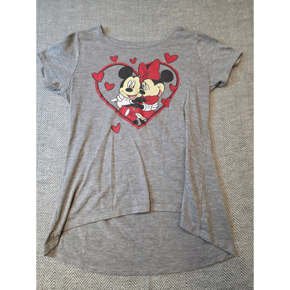 Disney T-Shirt Women L Gray Minnie Mouse Mickey Mouse Heart Graphic High Low Hem